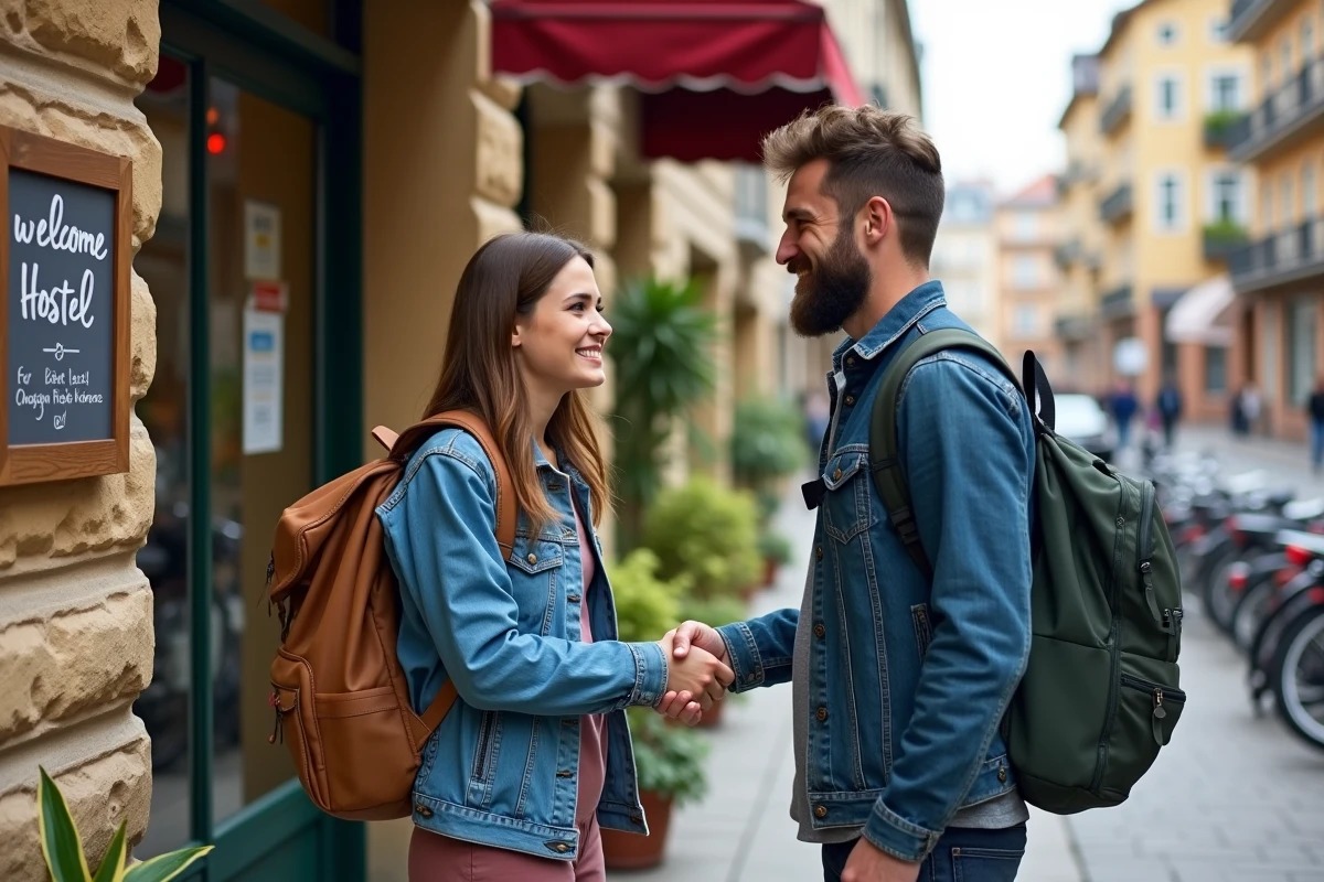 Jeune femme accueillant un voyageur devant une auberge