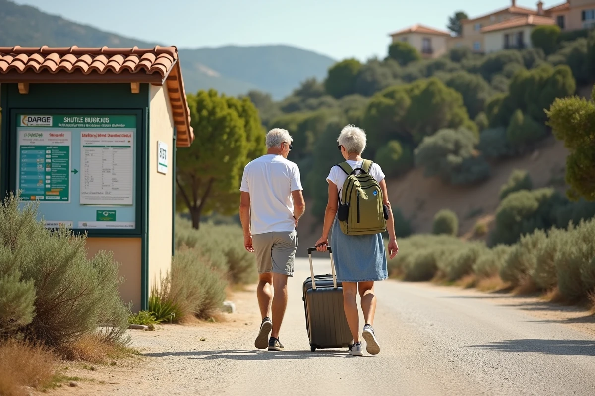 Couple marchant vers un arrêt de navette avec panneau horaire comme alternative au parking pour rejoindre Porquerolles