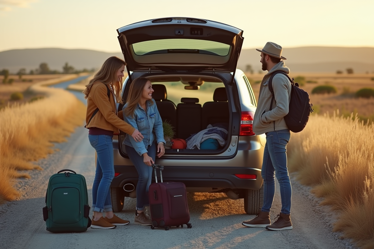 Trois amis déchargeant le coffre d