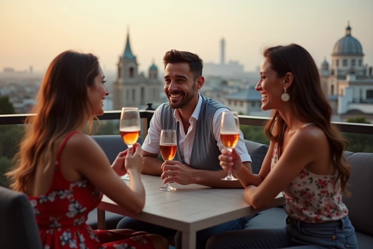 Trois amis souriants sur une terrasse à Palermo soirée