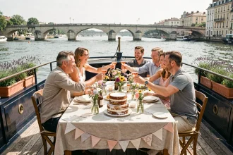 Groupe d'amis fêtant un anniversaire sur le pont d'une péniche amarrée à Toulouse avec vue sur la Garonne