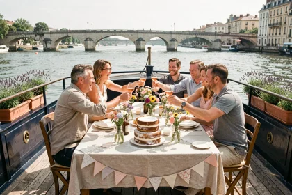 Groupe d'amis fêtant un anniversaire sur le pont d'une péniche amarrée à Toulouse avec vue sur la Garonne