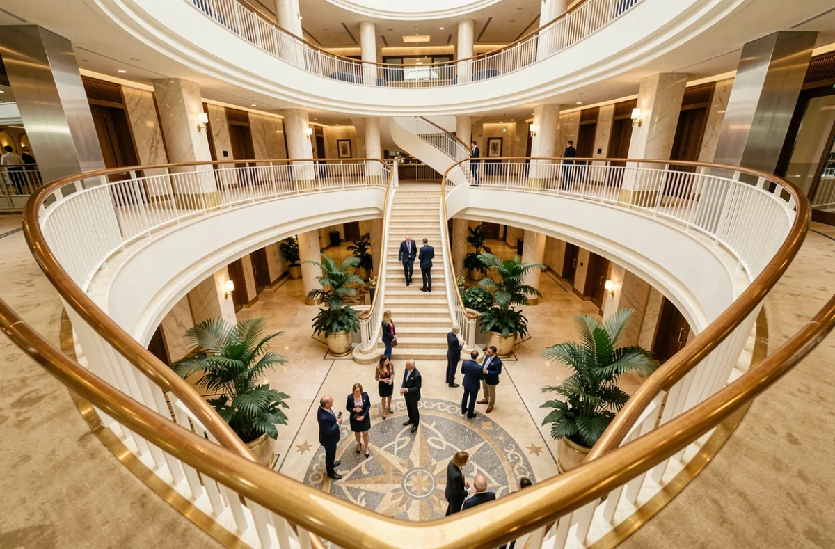 Atrium intérieur d'un grand navire de croisière MSC avec passagers sur plusieurs niveaux de balcons