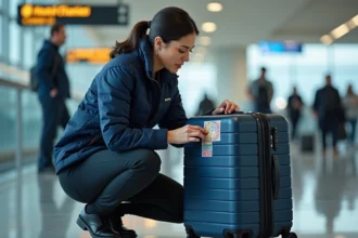 Femme appliquant un autocollant coloré sur sa valise à coque rigide dans un terminal d'aéroport moderne