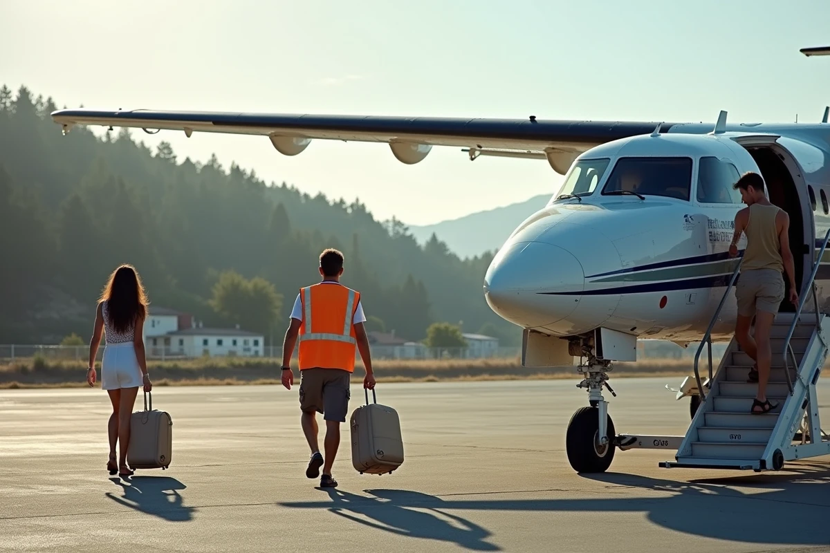 Petit avion turbopropulseur sur le tarmac de l'aéroport de Skiathos avec des passagers descendant la passerelle pour rejoindre ensuite Skopelos en ferry
