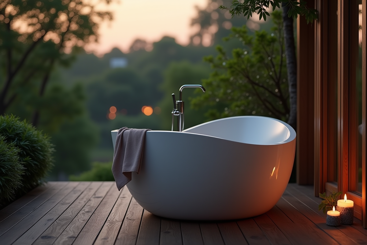Bain extérieur romantique sur terrasse en bois au crépuscule