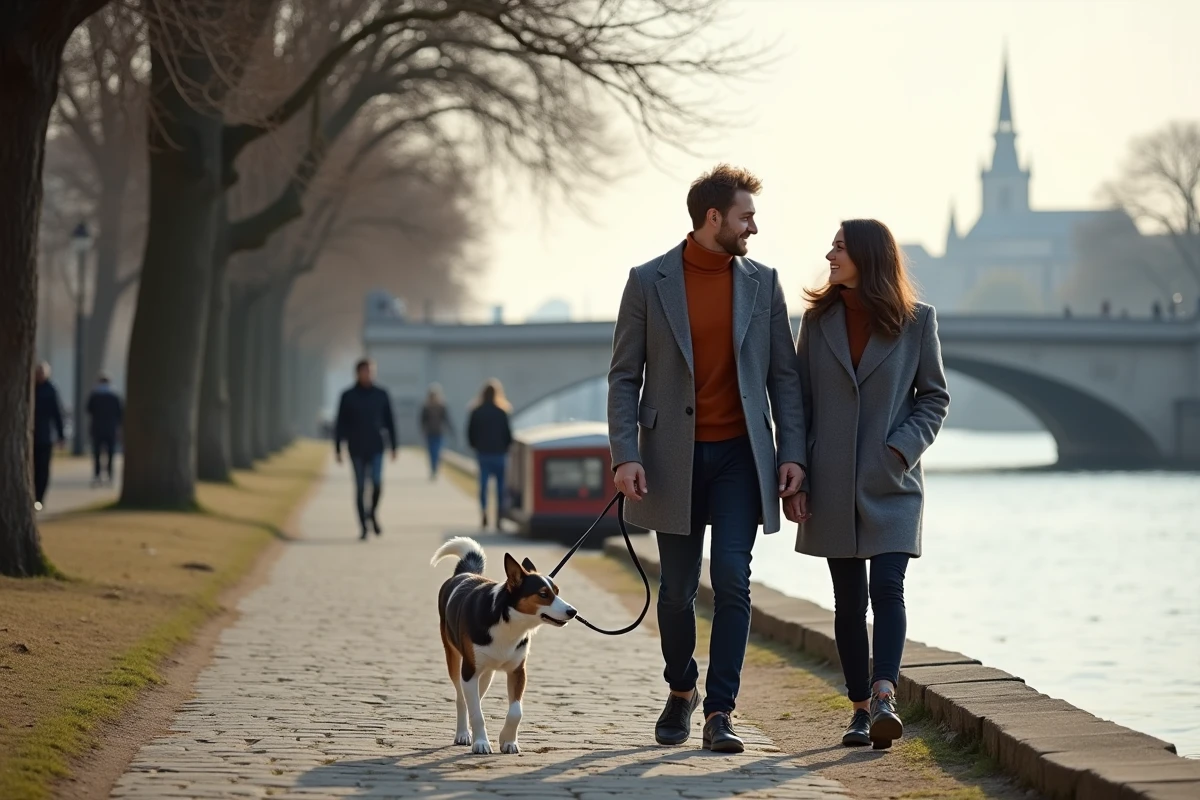 Couple se promenant avec un border collie sur les quais de la Seine à Paris avec le Pont Neuf en arrière-plan