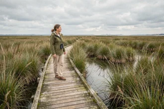 Femme en balade sur le sentier en bois de la plage des marais de Pennedepie entre roseaux et zones humides normandes