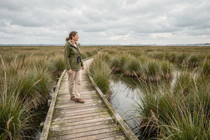 Femme en balade sur le sentier en bois de la plage des marais de Pennedepie entre roseaux et zones humides normandes