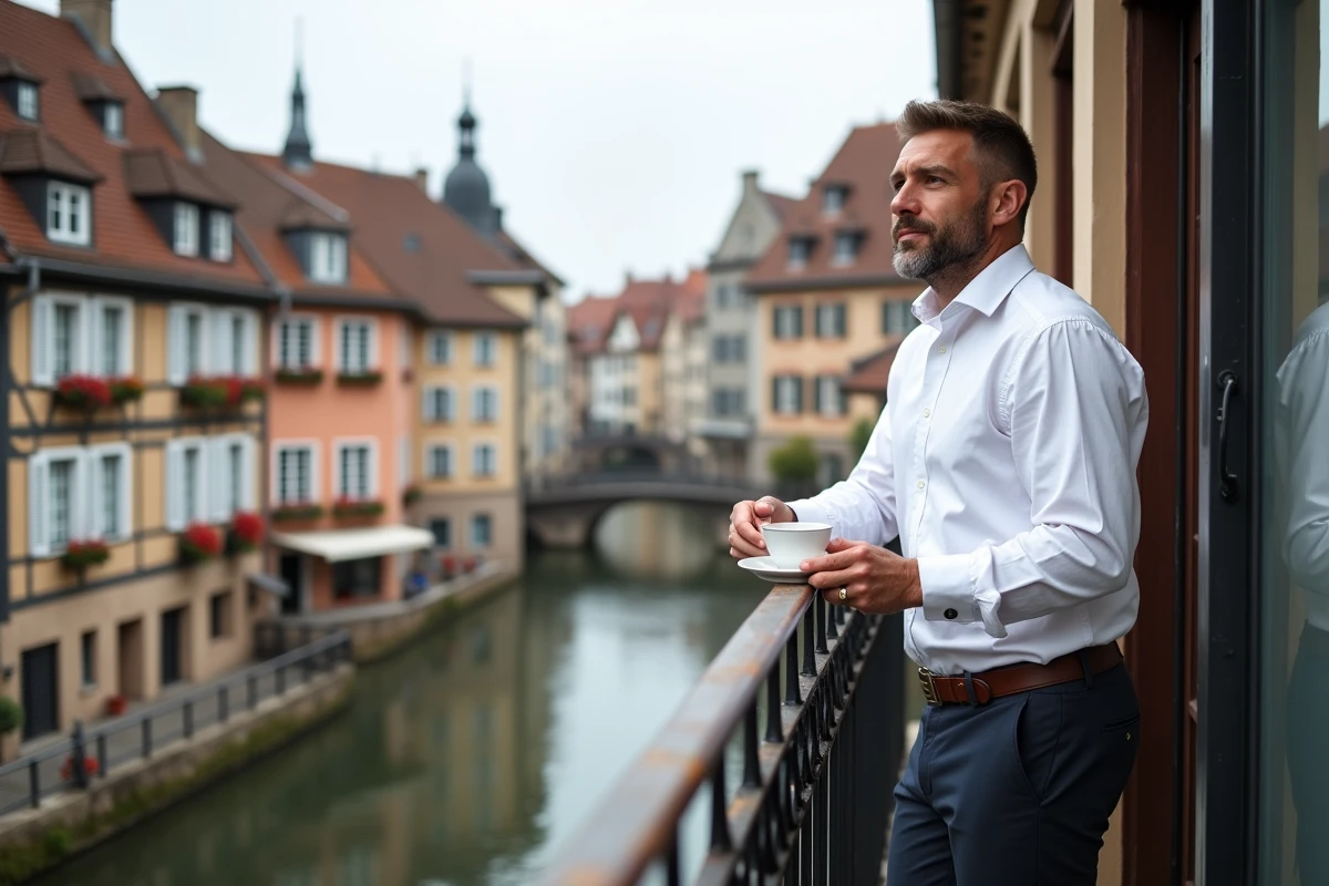 Voyageur sur le balcon d'un hôtel de luxe avec vue sur les maisons à colombages du vieux Colmar