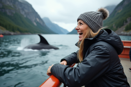 Femme émerveillée sur un bateau face à une baleine dans un fjord norvegien