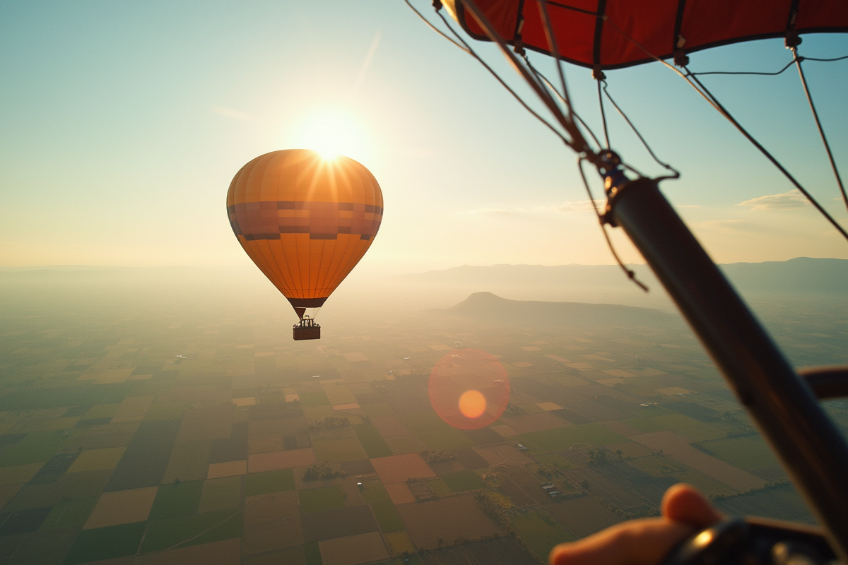 Ballon en altitude survolant des champs en plein jour
