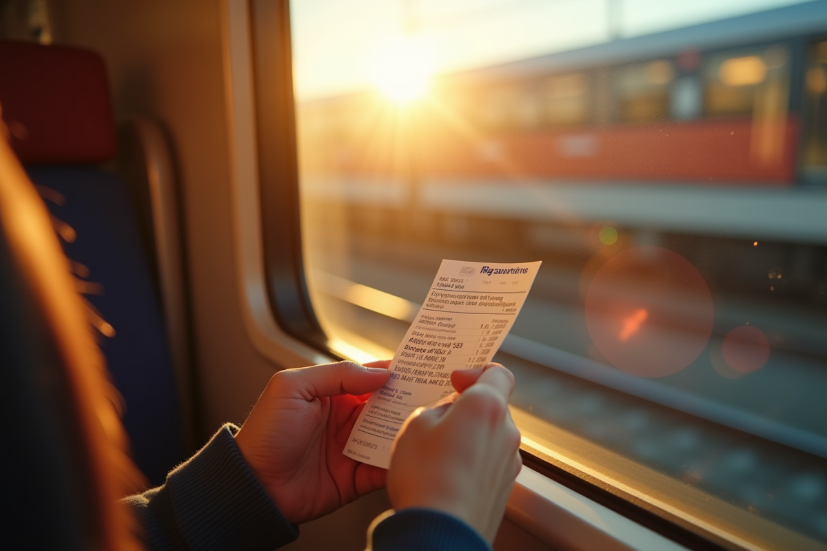 Mains tenant un billet de train avec reflet inquiet dans la fenêtre