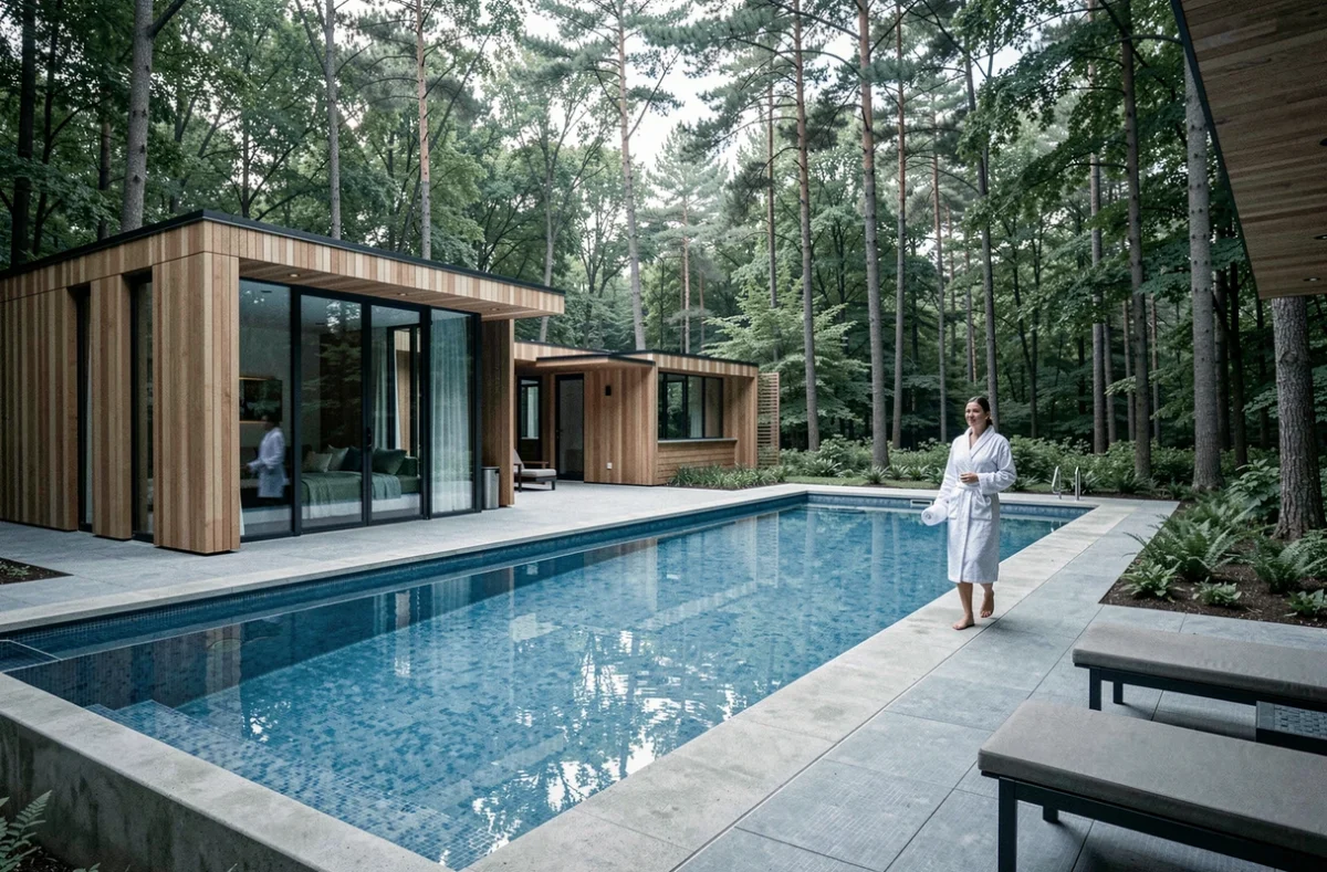 La Résidence B'o Cottage au B'o Resort Thermal et Spa avec sa piscine moderne bordée de bois et de forêt normande