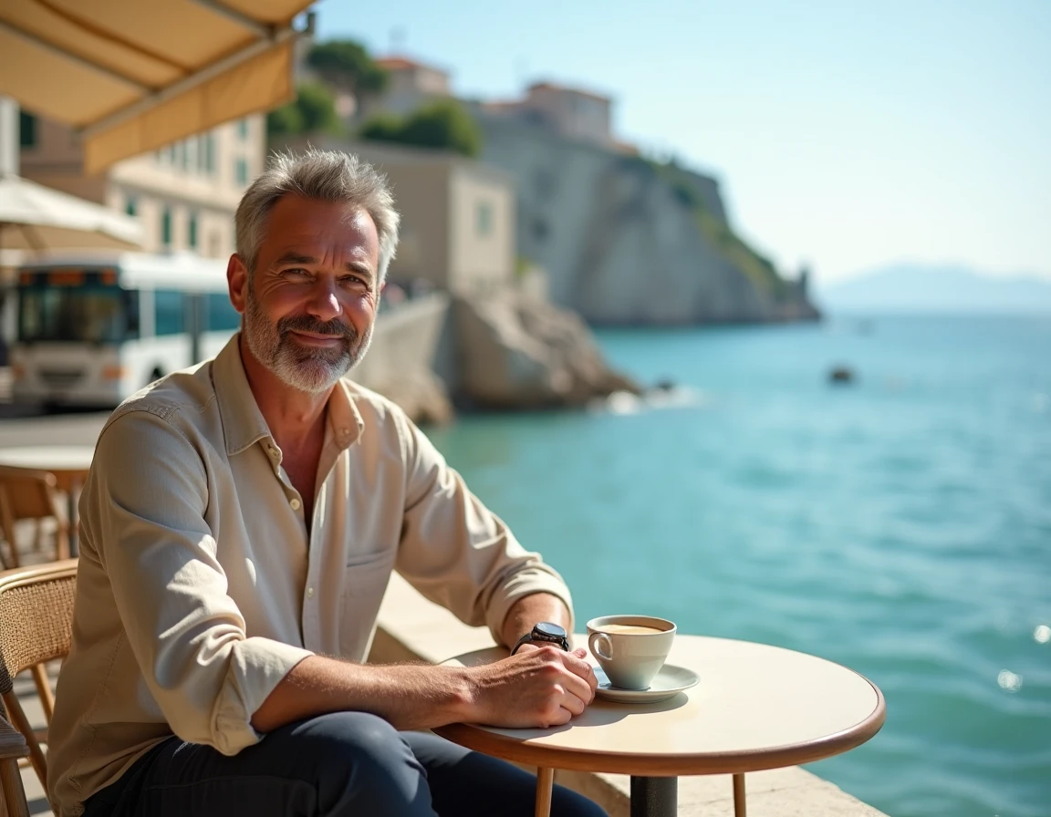 Touriste en terrasse de café face aux falaises et à la mer d'Adriatique à Polignano a Mare dans les Pouilles