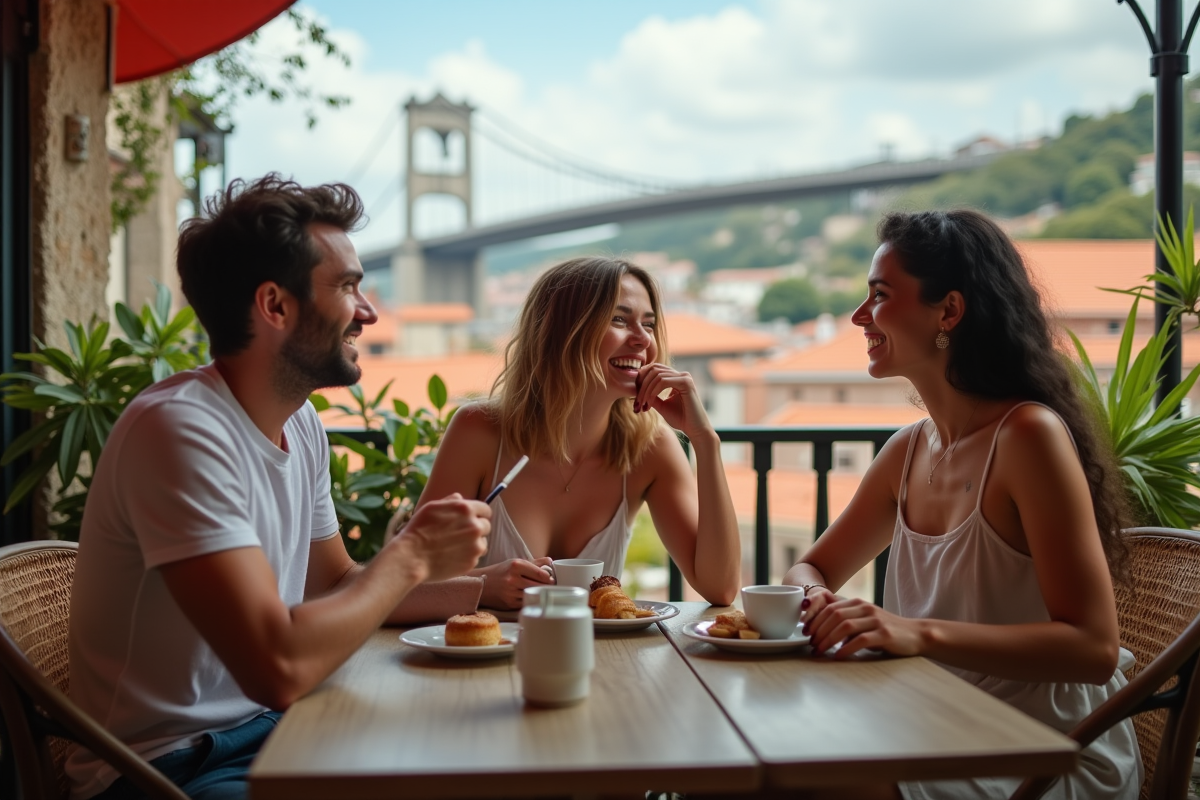 Trois amis dégustant des pâtisseries en terrasse