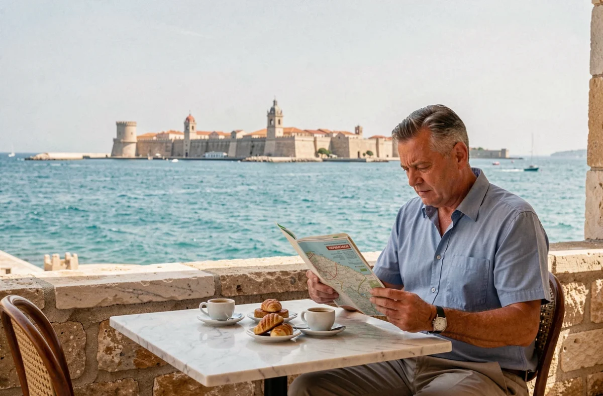 Voyageur en escale à Malte dégustant un café en terrasse à La Valette avec vue sur la Méditerranée et les Trois Cités