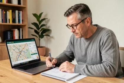 Homme consultant les coûts de trajet ViaMichelin sur un ordinateur portable dans un bureau à domicile