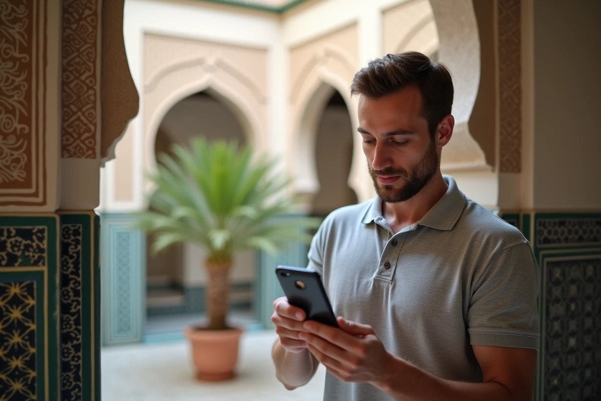Homme tenant une carte SIM marocaine dans un riad, comparant les options de forfait mobile sans engagement au Maroc