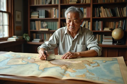Cartographe asiatique étudiant une carte politique détaillée de l'Asie avec des annotations en plusieurs langues