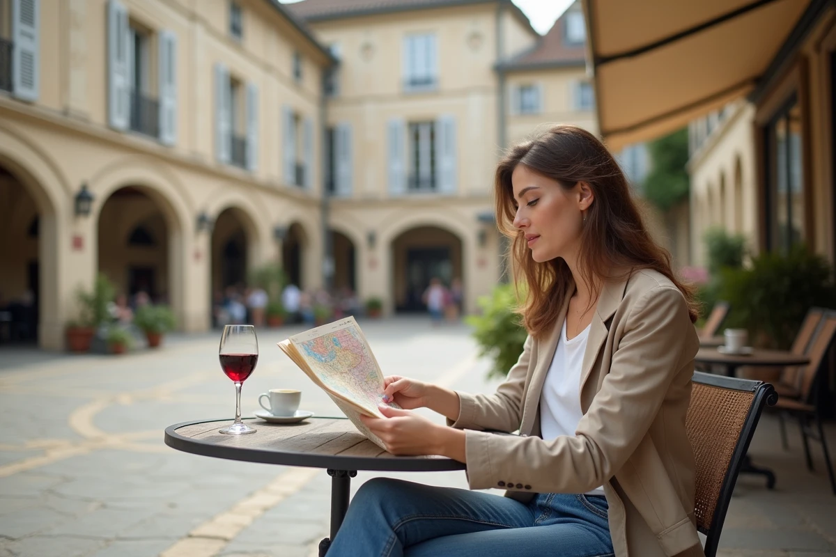 Voyageuse consultant une carte en terrasse dans le centre historique de Libourne
