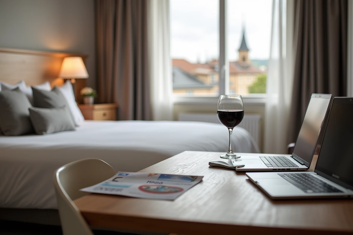 Chambre d'hôtel confortable à Libourne avec vue sur les toits et brochures touristiques de la région