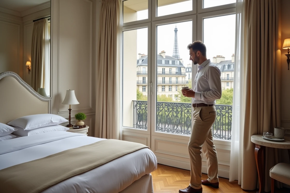 Chambre d'hôtel élégante à Paris avec vue sur la Tour Eiffel idéale pour un city-break confortable