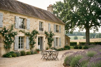Façade d'une chambre d'hôtes typique dans les Yvelines, avec murs en pierre, volets gris-bleu et jardin fleuri en avant-plan