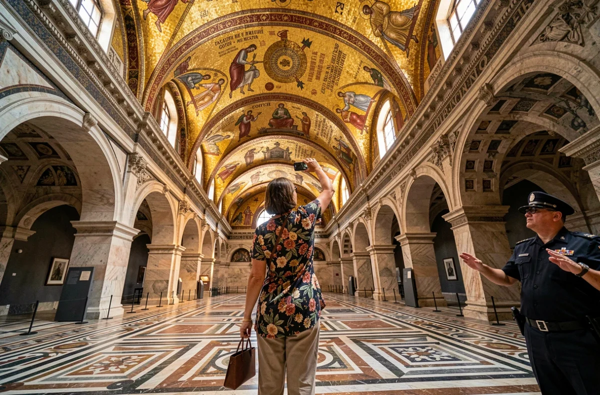 Touriste photographiant les mosaïques byzantines de la Chapelle Palatine au Palais des Normands de Palerme malgré l'interdiction