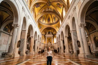 Touriste admirant les mosaïques byzantines dorées de la chapelle Palatine au Palais des Normands à Palerme