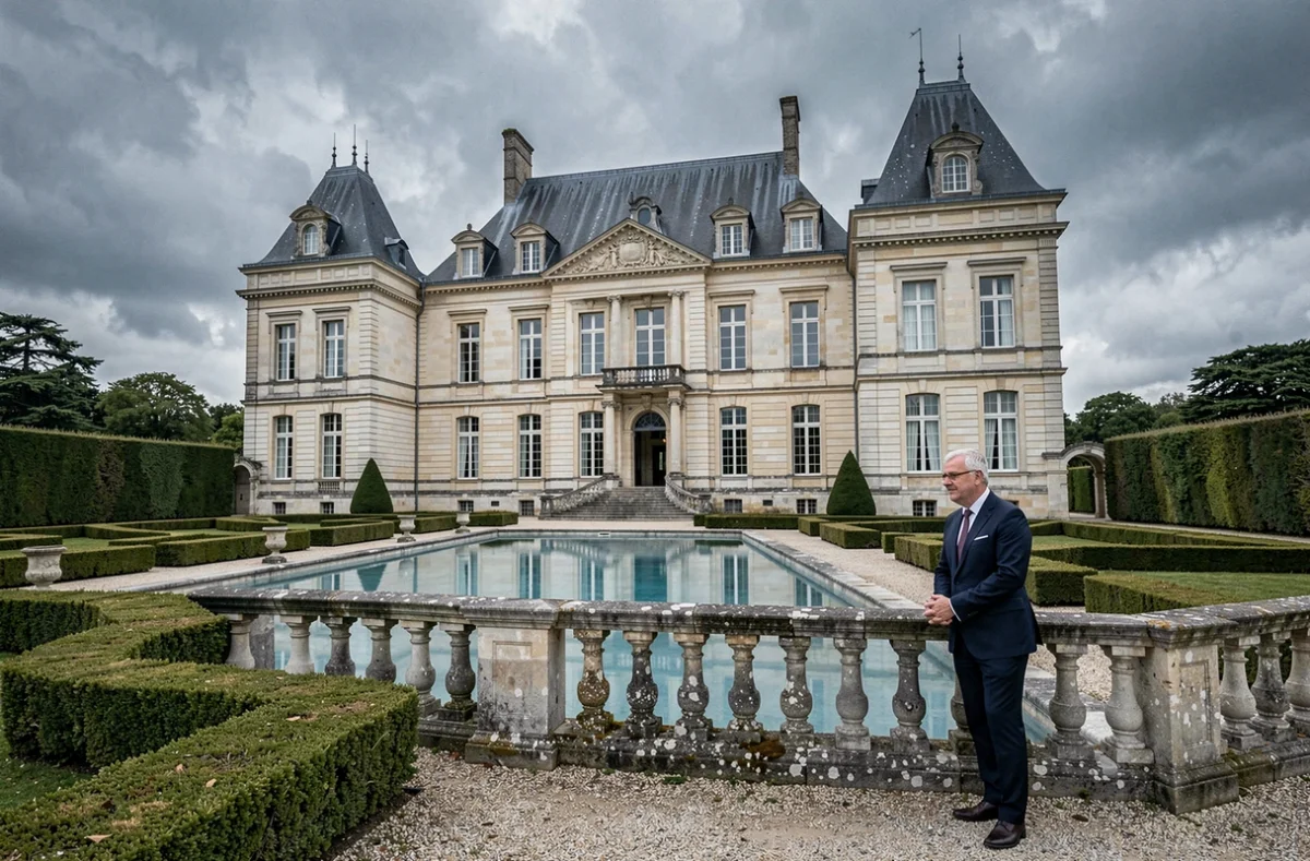 Le Château de Neuville avec sa piscine formelle insérée dans un jardin à la française aux haies taillées