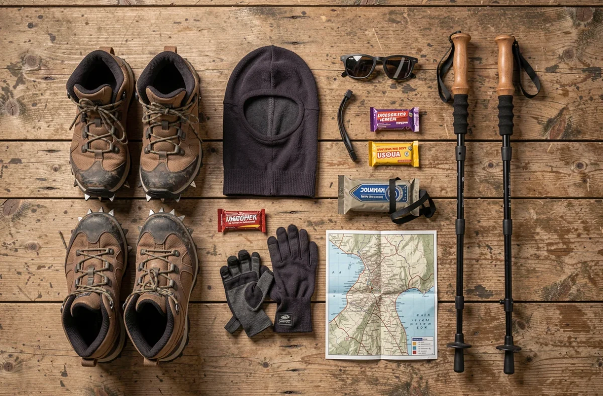 Checklist de l'équipement essentiel pour l'ascension du Kilimandjaro posé à plat sur un plancher en bois