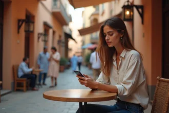 Jeune femme consultant son smartphone dans un café de la médina marocaine pour choisir un forfait téléphonique au Maroc