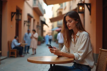 Jeune femme consultant son smartphone dans un café de la médina marocaine pour choisir un forfait téléphonique au Maroc