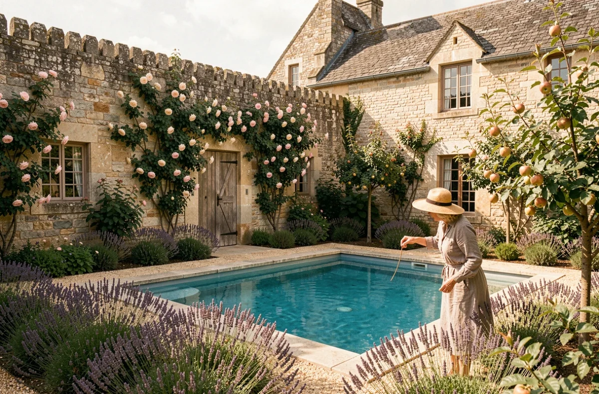 Le Clos Saint-Léonard avec sa piscine dans un jardin clos de murs en pierre normande et de rosiers grimpants