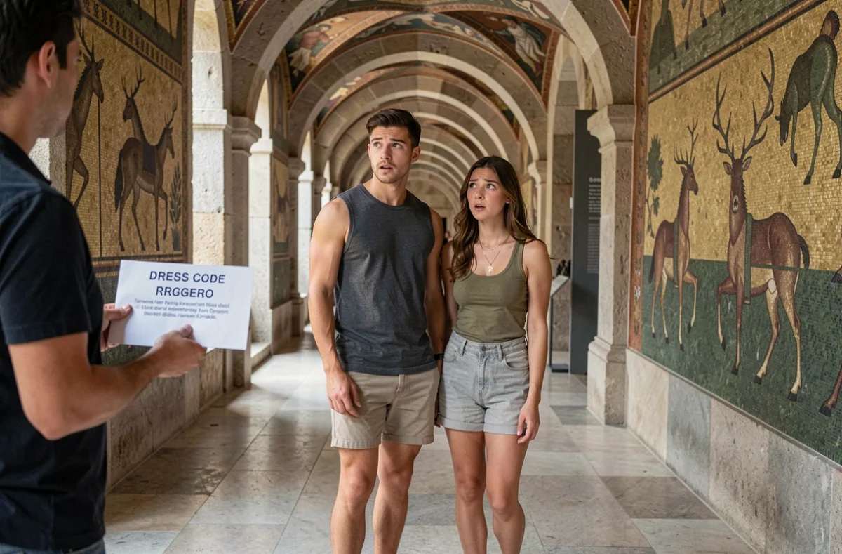 Couple de touristes mal habillés refoulés à l'entrée de la Salle de Roger au Palais des Normands à Palerme pour non-respect du code vestimentaire