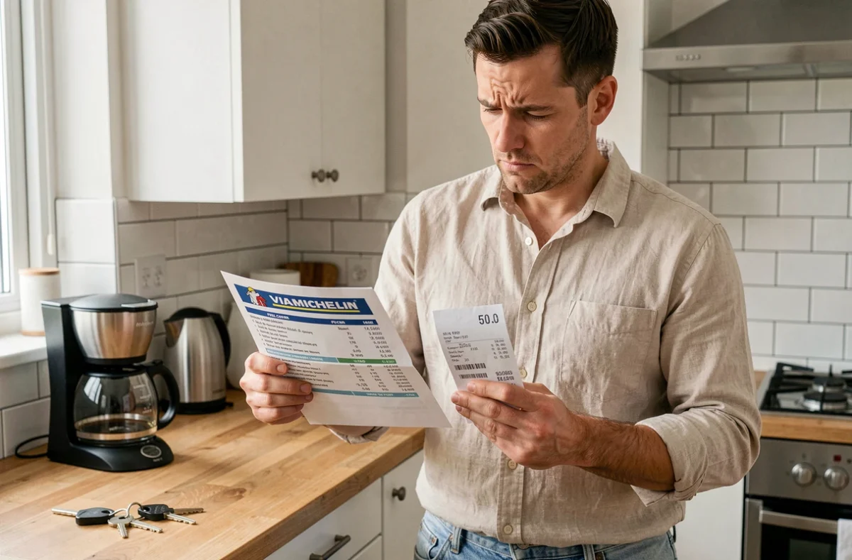Homme comparant un itinéraire ViaMichelin imprimé avec un ticket de carburant pour analyser les coûts réels