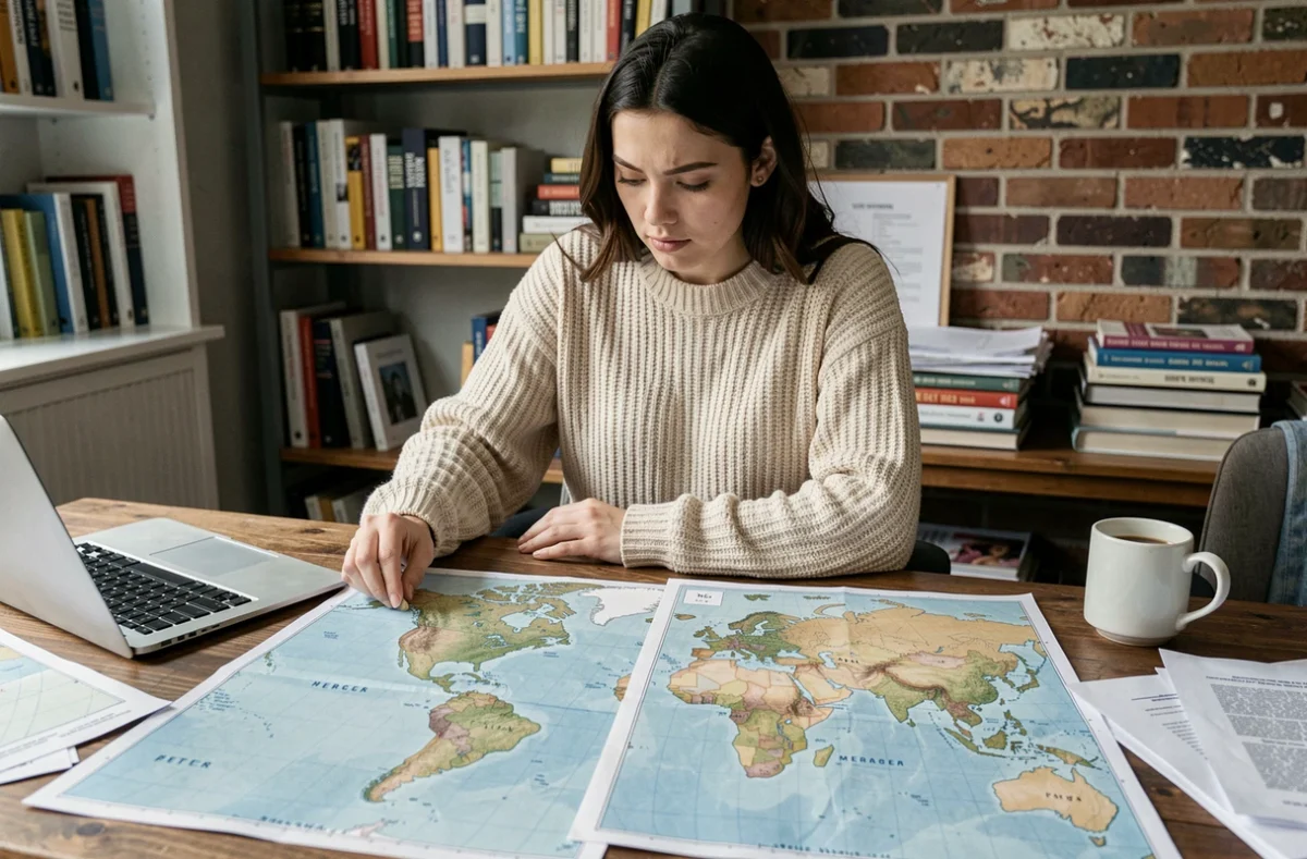 Jeune femme comparant deux projections cartographiques du monde, Mercator et Peters, montrant la taille relative du Groenland