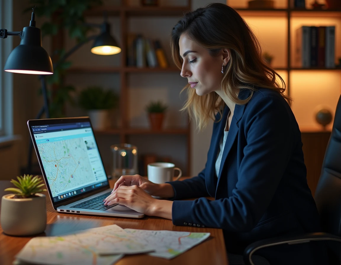 Femme comparant ViaMichelin et Google Maps sur un ordinateur portable dans un bureau à domicile
