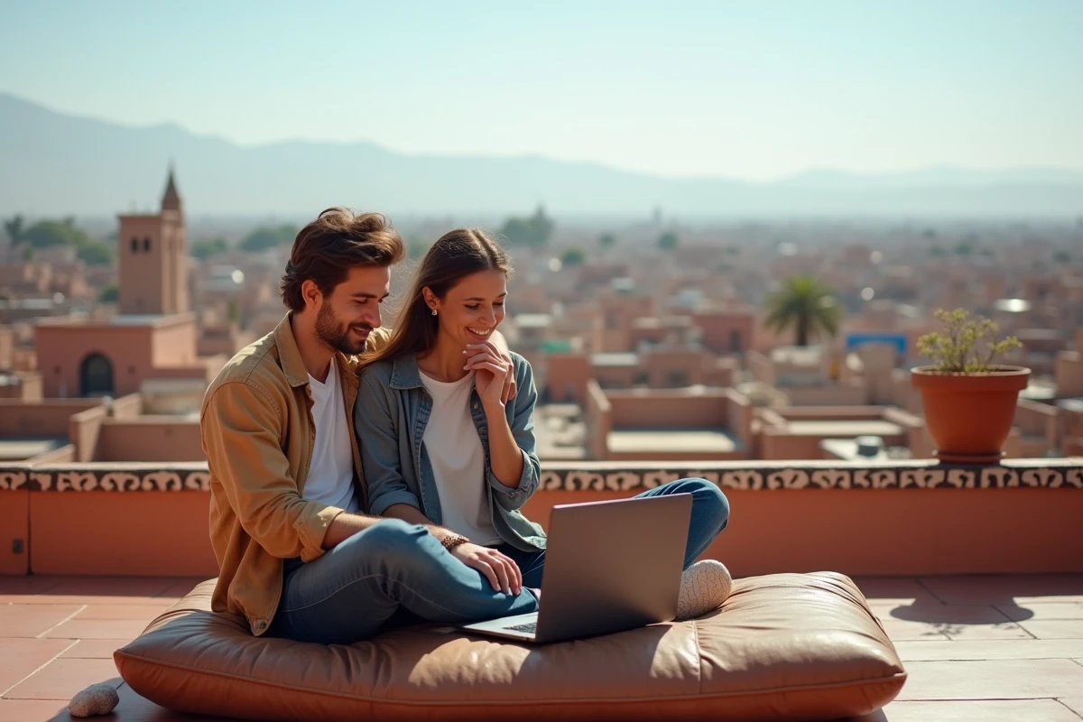 Couple de voyageurs sur une terrasse de Marrakech comparant des forfaits internet pour le Maroc sur un ordinateur portable