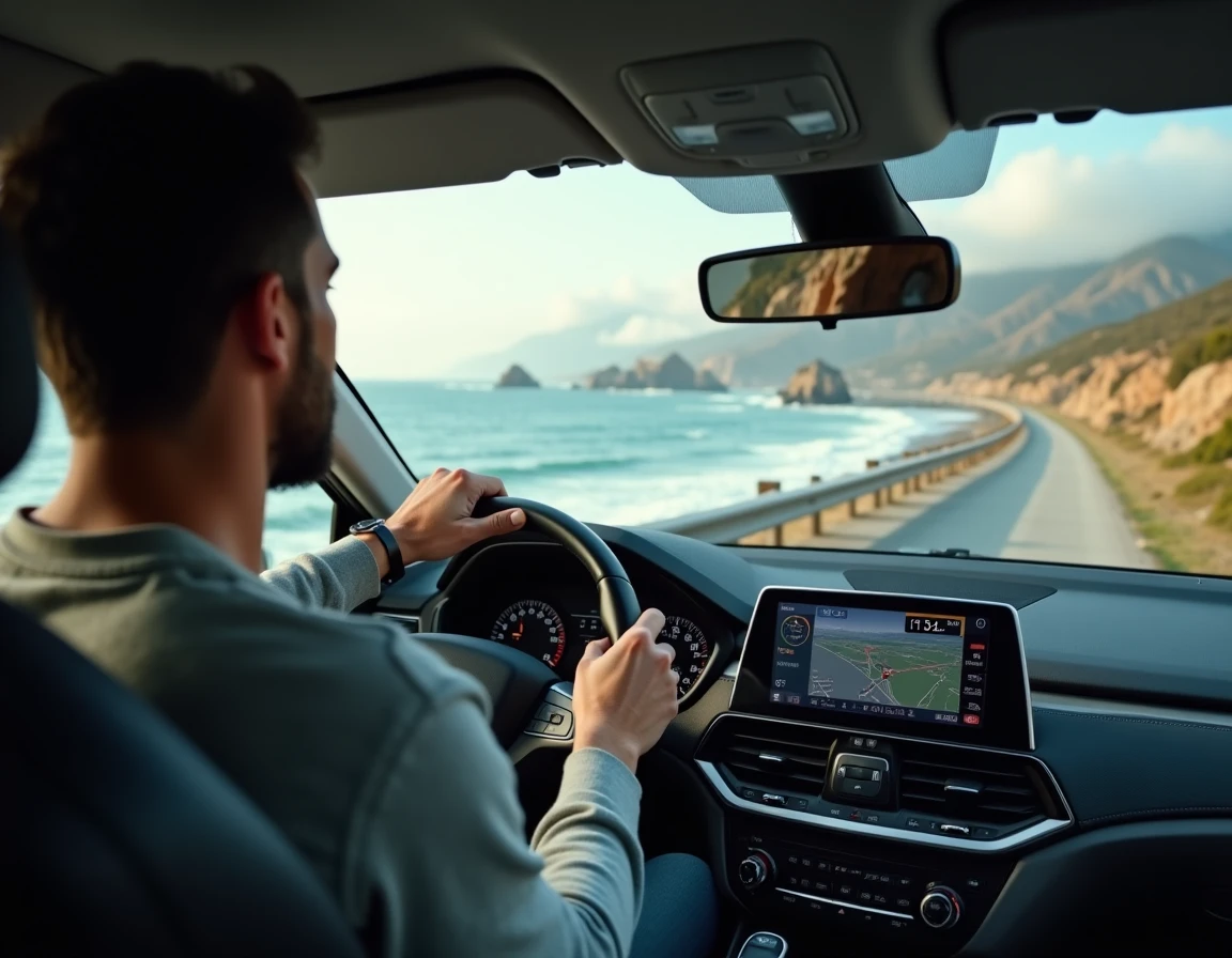 Conducteur au volant regardant le GPS sur la Pacific Coast Highway entre Los Angeles et San Francisco