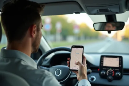 Homme utilisant une application GPS sur smartphone monté en voiture pour comparer ViaMichelin, Waze et Google Maps
