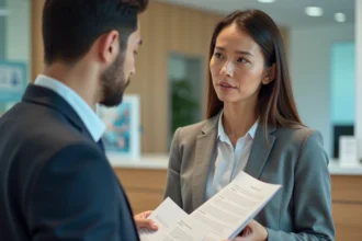 Femme d'affaires examine documents médicaux en clinique