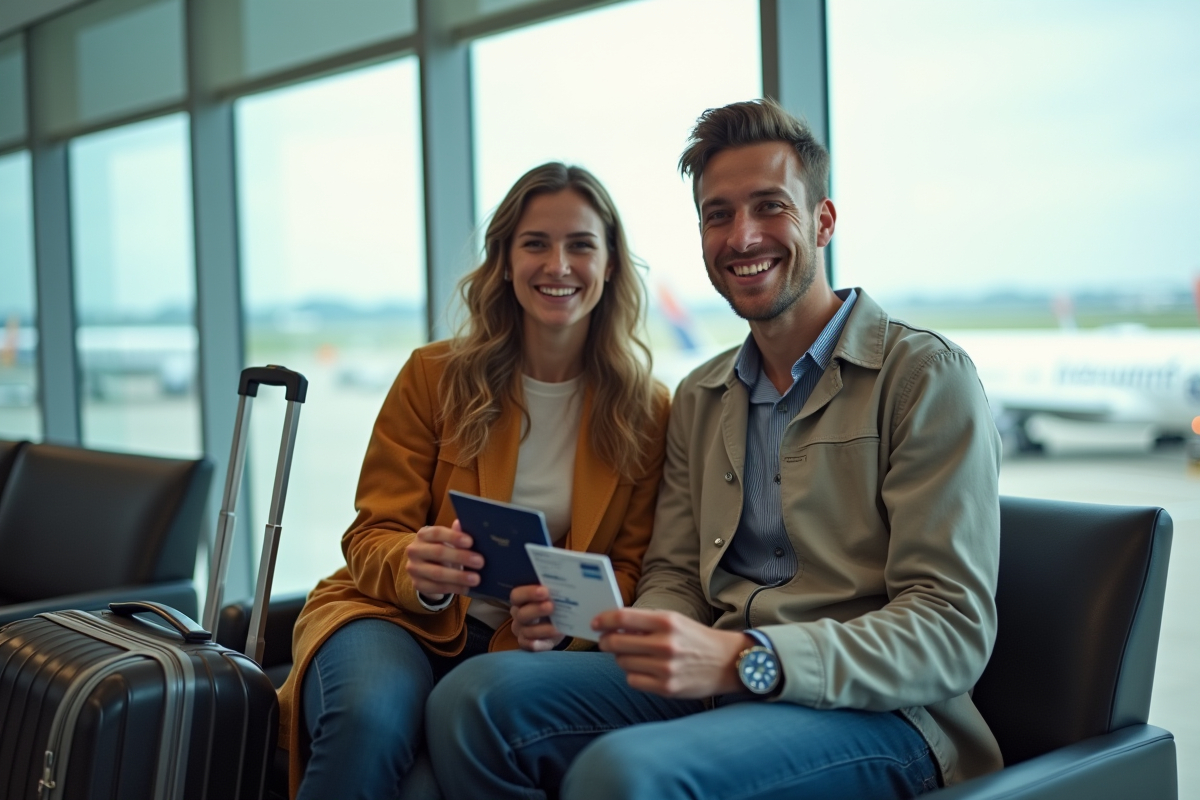 Jeune couple souriant dans un aéroport avec passeports et valises