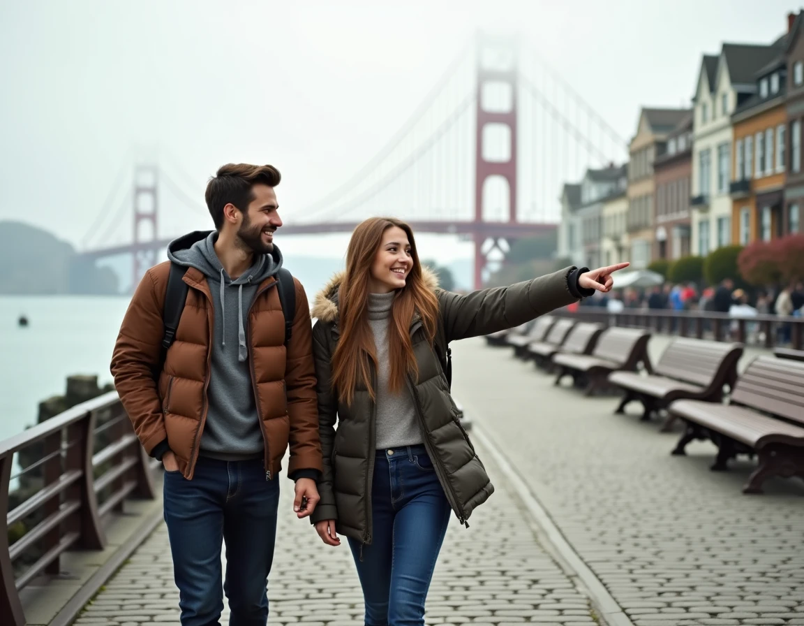 Couple de voyageurs arrivant à San Francisco depuis Los Angeles avec le Bay Bridge dans la brume en arrière-plan