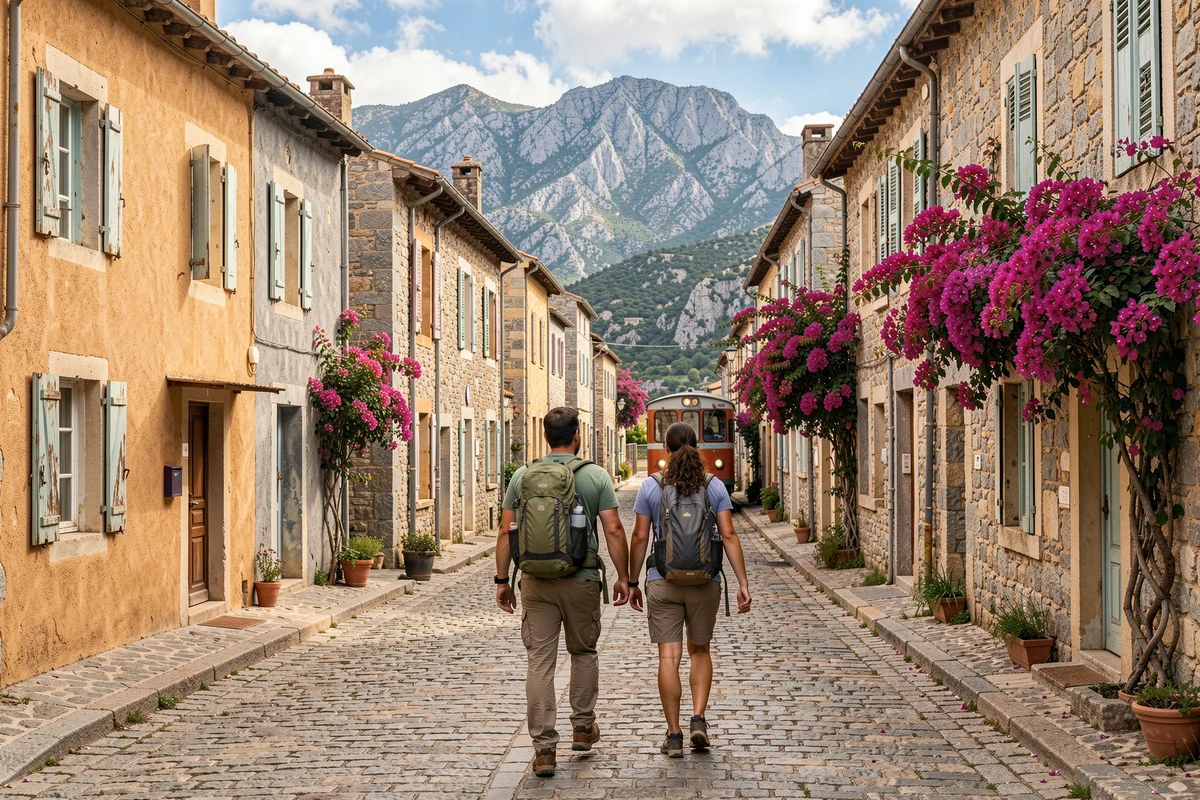 Couple de randonneurs arrivant en micheline corse dans un village de montagne lors d'un week-end sans voiture