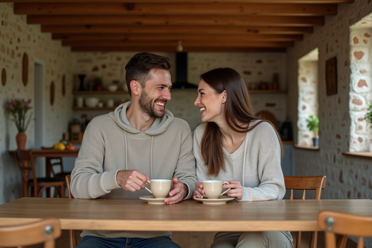Jeune couple riant en buvant du cafe dans la salle