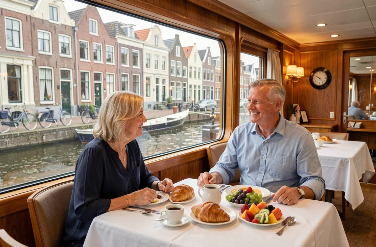Couple profitant du petit-déjeuner à bord d'un bateau de croisière fluviale avec vue sur un canal hollandais