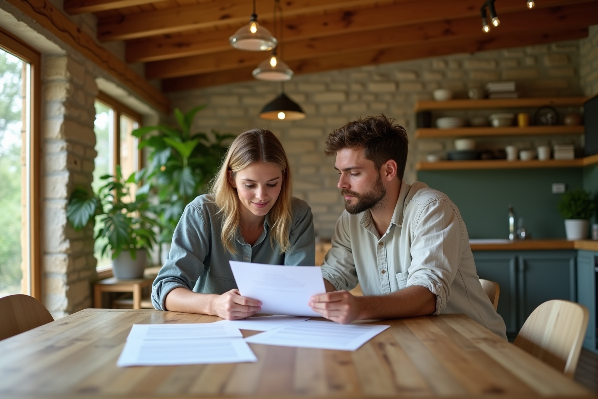 Jeune couple vérifiant des documents d ecocertification dans une cuisine écologique