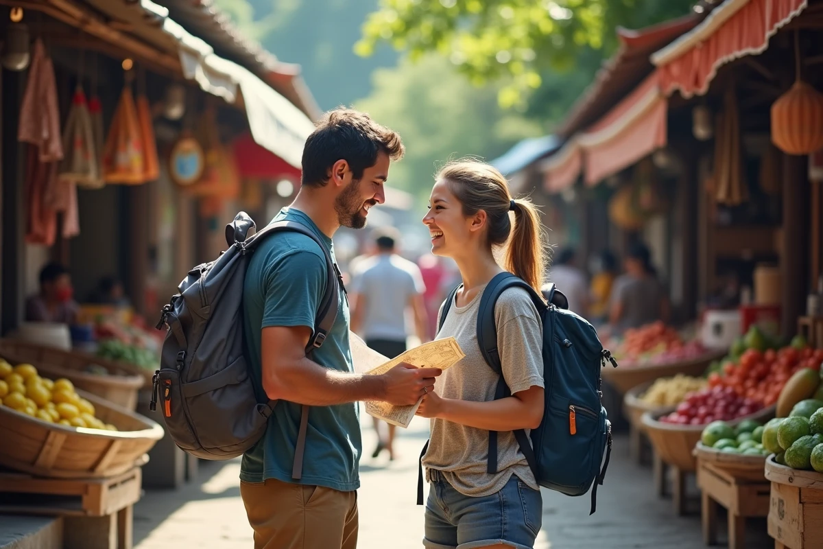 Couple de randonneurs au marché de Padangbai